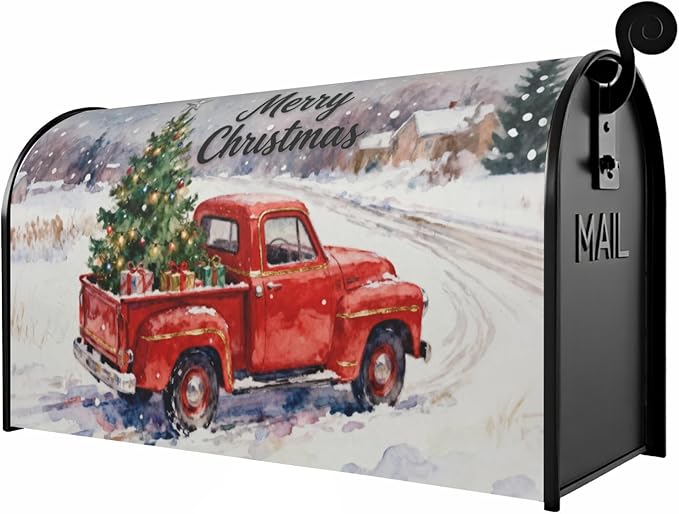 Merry Christmas Mailbox Covers Magnetic Standard Size Red Truck Xmas Tree Rustic Snow Scene Holiday Outdoor Decorative Farmhouse Letter Box Cases for Home Garden Outside Decor, 21x18 Inch