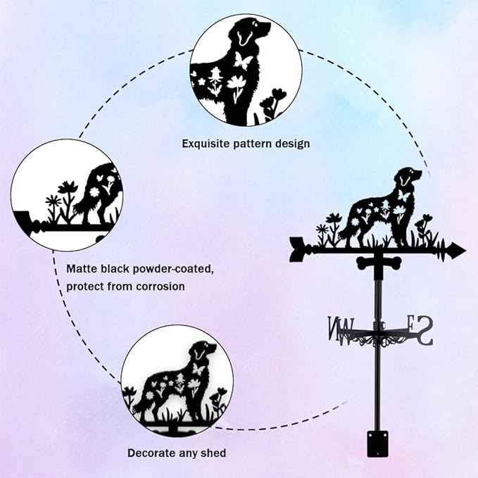 Dog Weathervane Metal Wind Vane Animal Flowers Garden Art Decoration Direction Sign Indicator Stake Mount Ornament for Patio Lawn Farmhouse Yard Roof Outdoor