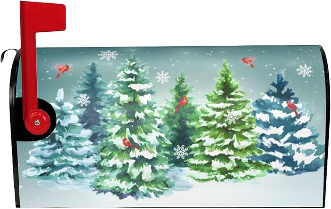 Pine Tree Winter Welcome Christmas Mailbox Cover, Xmas Cardinal Snow 25.1" Lx 21" W Magnetic Mailbox Cover, Green Forest Red Bird Large Post Letter Box Wrap Decoration for Yard Garden