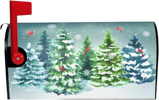 Pine Tree Winter Welcome Christmas Mailbox Cover, Xmas Cardinal Snow 25.1" Lx 21" W Magnetic Mailbox Cover, Green Forest Red Bird Large Post Letter Box Wrap Decoration for Yard Garden