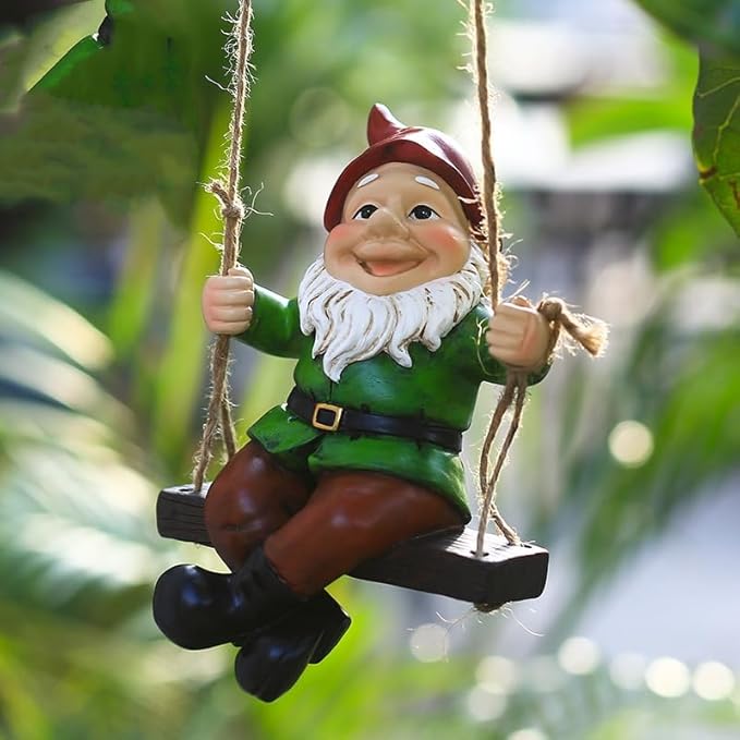 Garden Gnome Hanging Statue – Funny Swinging Dwarf Figurine,Hand-Painted Resin Outdoor Decor for Patio,Yard, Porch or Lawn,Great