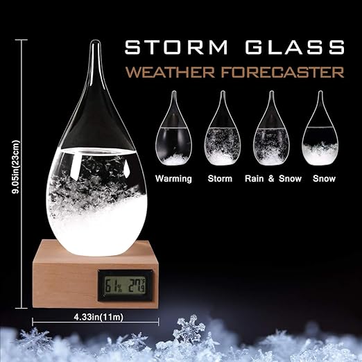 Storm Glass Weather Predictor, Glass Sphere with Wood Base, Christmas Decoration Snow Globe, Storm Glass Weather Forecast Weather Station