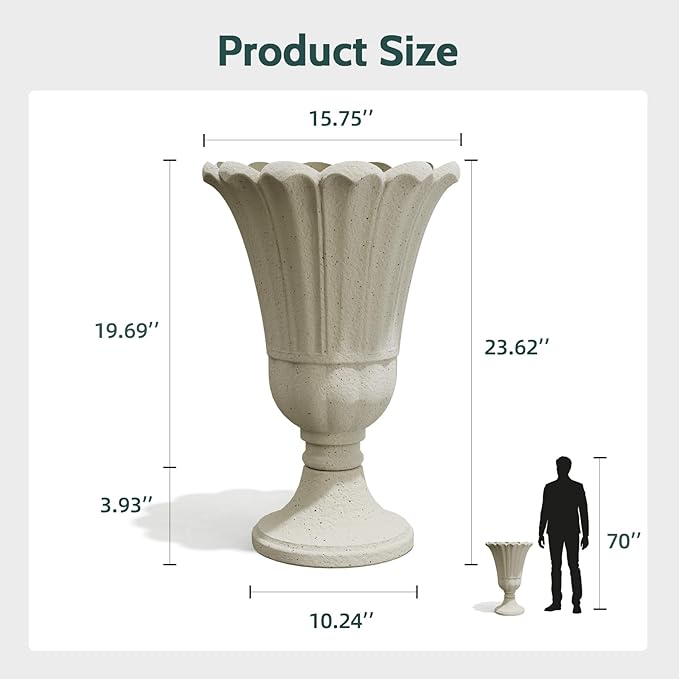 23.6" Tall Plastic Urn Planters for Outdoor Plants, Set of 2 Heavy-Duty Classic Indoor Large Flower Pots with Drainage Holes & Petal Design, Outdoor Planters for Porch, Home Garden, White