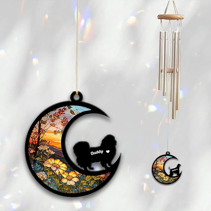 Pekingese Sun Catcher Wind Chime, Custom Sunflower Suncatcher Dog Memorial Wind Chime, Dog Loss Gift, Dog Sympathy Gift, Pet Loss Suncatcher, Outdoor Garden Decor