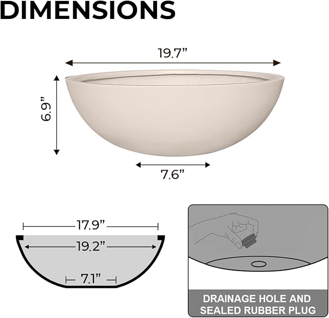6.9"H x 19.7"D Round Bowl Fiberstone Planter for Succulent and Lotus - Christmas Tree Planter, Weather Resistant for Indoor & Outdoor Use, 2 Extra Coco Mats (Kilim Beige, 17.9" Pot Opening)
