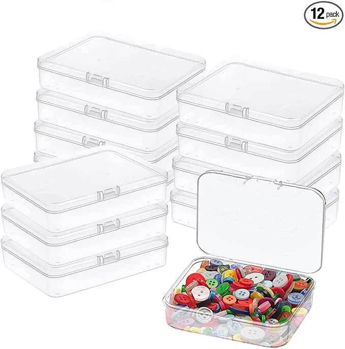 Goiio 12 Pcs Mini Plastic Storage Containers Box with Lid, 5x4x1.3 Inches Clear Rectangle Box for Collecting Small Items, Beads, Game Pieces, Business Cards, Crafts Accessories