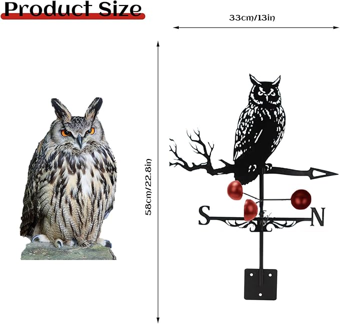 Weathervane Roof Mount, Rust-Resistant & Durable Metal Wind Direction Indicators, Decor Weather Vane for Yard, Outside, Garden, Shed, Farmhouse & Chicken Coop (Owl)