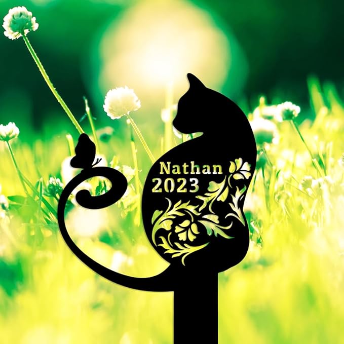 Personalized Butterfly Flowers Cat Memorial Grave Marker Garden Stake, Custom Pet Cat Memorial Stake Metal Sign Outdoor Grave Marker, Customized Cat Memorial Plaque Pet Tombstone Headstone