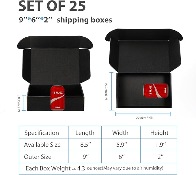 Small Shipping Boxes 9x6x2 Inch (25 Pack) - Sturdy Black Corrugated Cardboard Boxes for Small Business, Ecommerce, Mailing & Packaging | Recyclable Gift & Storage Boxes