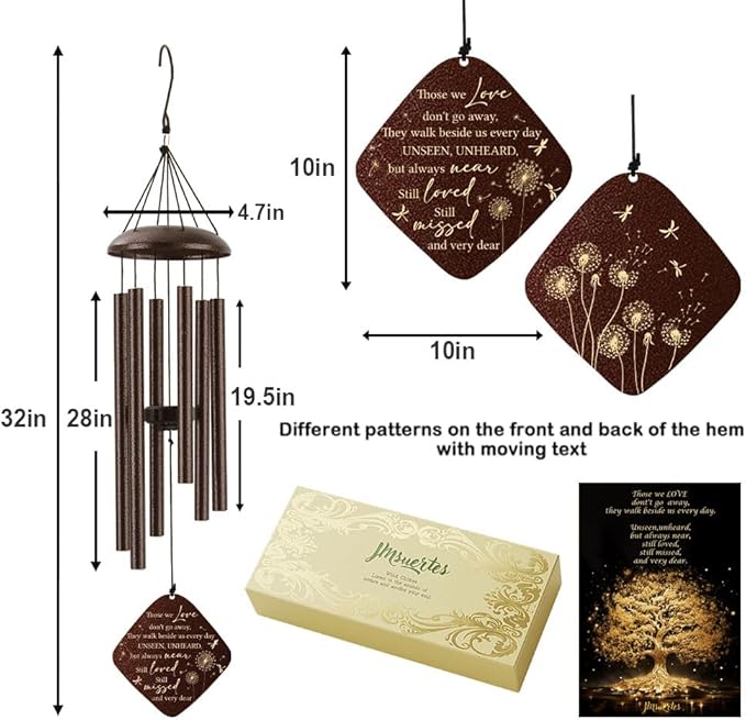 Memorial Sympathy Wind Chimes for Outside Clearance, Dragonfly Wind Chimes for Loss of Loved One Mother Father for Bereavement/Condolence/Funerary Gift Idea,32inch Bronze