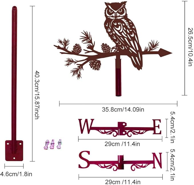 SUPERDANT Owl Weather Vane Animal Wind Vanes for Yard Animals Metal Weathervane Roof Mount for Gardens Outside Reddish Copper Weathervanes Farmhouse Farm Barn Sheds Patio Decorations