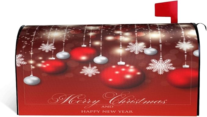 Christmas Mailbox Covers Red Glitter Snowflake Ball Magnetic Letter Post Box Cover Standard Size 21 x 18 Inch Garden Yard Home Decorative