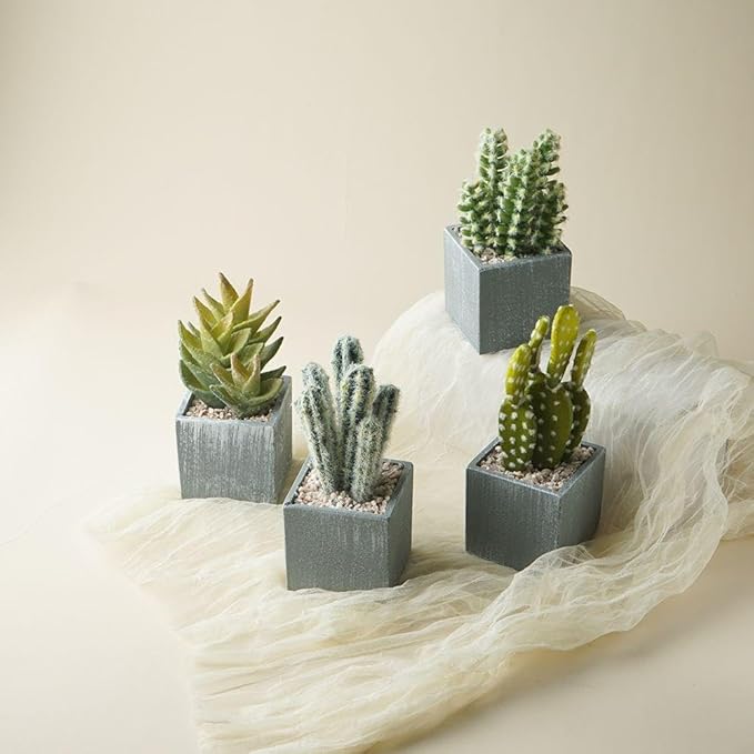 Cactus Artificial Plants in Gray Pots, Realistic Faux Cactus Potted Décor for Home, Office, Kitchen, Living Room, Desk, Shelf, and Indoor Decoration (Cylinder)
