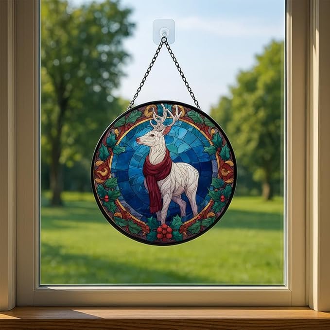 Stained Glass Window Hanging – 11.8 in White Reindeer Panel with Chain， Bathroom Front Door Living Room Garden Christmas Decor， Gift for Mom Wife Lovers
