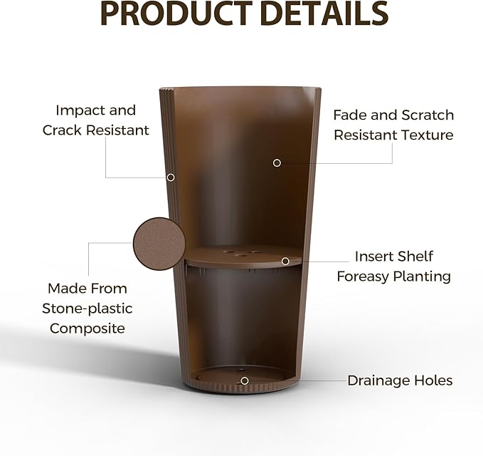 Tall Outdoor Planter Front Porch Decor Set of 2-23.6" H Tall Planters for Outdoor Plants with Drainage Hole, Round Conical Design Flower Pots for Indoor/Patio/Garden, Brown