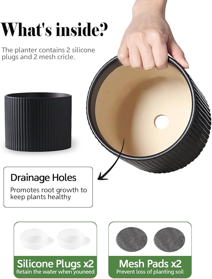 Matte Black Ceramic Plant Pots, 8.1 + 6 Inch Planters for Indoor Plants, Modern Flower Pots with Drainage, Two-Sizes Set