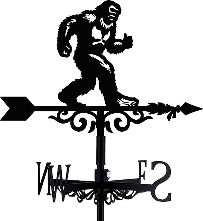 Bigfoot Weathervane Arrow Metal Wind Vane Big Foot Sasquatch Weathercock Garden Decoration Wind Direction Indicator Stake Roof Mount Ornament for Farmhouse Yard Outdoor