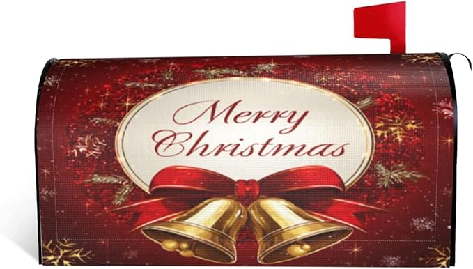 Festive Magnetic Mailbox Cover Red Christmas Bell Pattern Outdoor Mailbox Protector Holiday Seasonal Decorative Garden Yard Home Standard Size 21 x 18 Inch