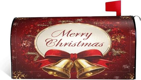 Festive Magnetic Mailbox Cover Red Christmas Bell Pattern Outdoor Mailbox Protector Holiday Seasonal Decorative Garden Yard Home Large Size 25.5 x 21 Inch