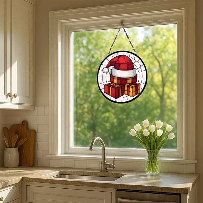 Stained Glass Window Hanging – 6.3 in Santa Hat Gift Box Panel with Chain， Bathroom Front Door Living Room Garden Decor， Gift for Mom Wife Lovers