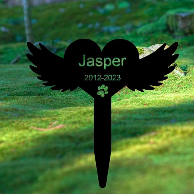 Custom Pet Dog Cat Memorial Grave Marker with Wings and Heart Plaque, Metal Paw Claw Design - Outdoor Cemetery Memorial Stake