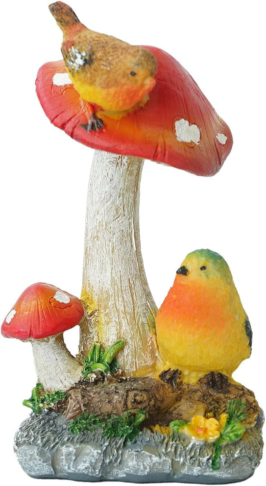 Garden Decoration Birds on Mashrooms Statue, Outdoor and Indor Decor Resin Figurine Attract Birds