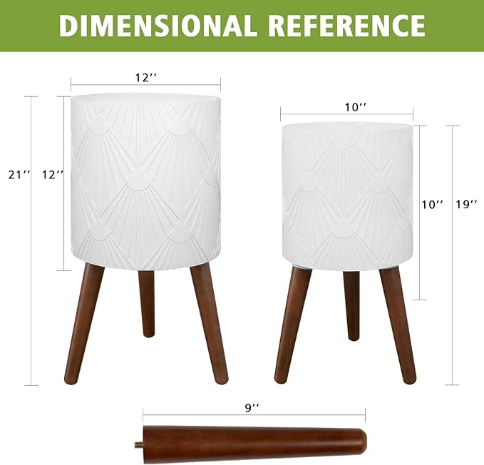 Plant Pot with Stand, Large Planters for Indoor Plants, Modern Standing Round Flower Pots Indoor with Wood Planter Holder, White Maple Leaf Pattern, 2 PCS (10 inch+12 inch)