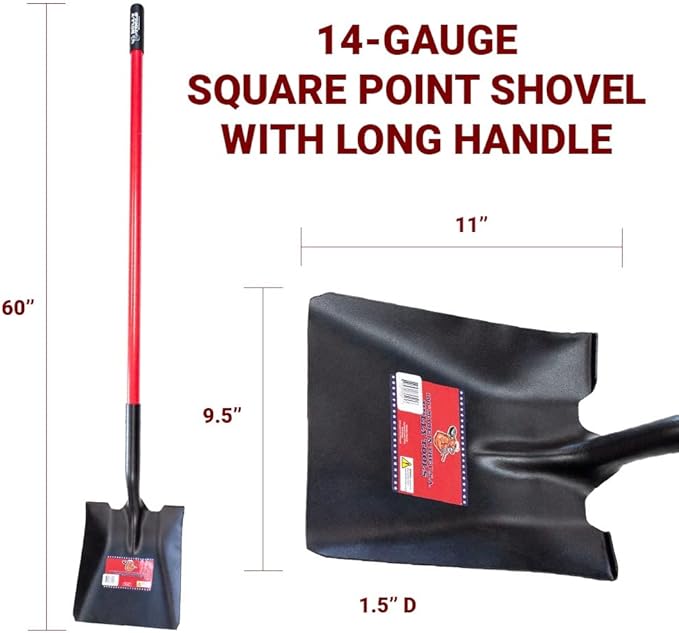 BULLY TOOLS 82525 14 Ga. Square Point Shovel. Fiberglass Long Handle.
