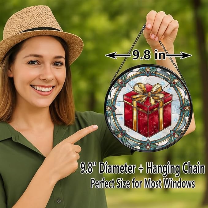 Stained Glass Window Hanging – 9.8 in Box Panel with Chain， Bathroom Front Door Living Room Garden Decor， Holiday Present Gift for Mom Wife Lovers
