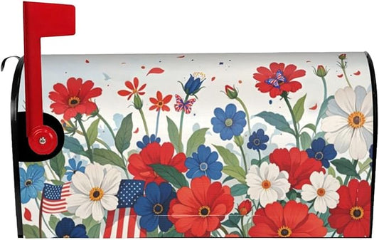 Butterfly Floral Independence Day Mailbox Cover, July 4th American Patriotic Wraps Cover, Red Blue Outdoor Magnetic Mailbox Cover, 25.1" X 21" Post Letter Box for Garden Yard Decor