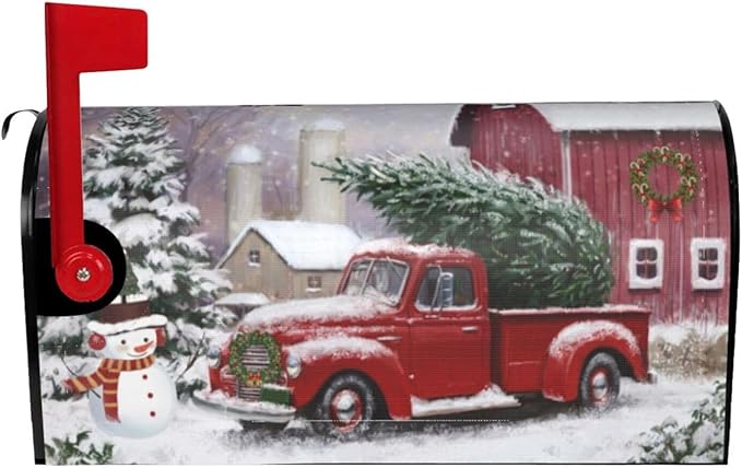 Winter Red Truck Christmas Tree Mailbox Cover, Cute Snowman Magnetic Mailbox Cover, Letter Post Box Cover Wrap Decoration Garden Outdoor 21" Lx 18" W
