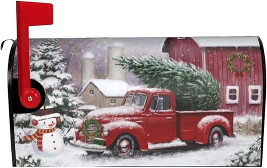 Winter Red Truck Christmas Tree Mailbox Cover, Cute Snowman Magnetic Mailbox Cover, Letter Post Box Cover Wrap Decoration Garden Outdoor 21" Lx 18" W
