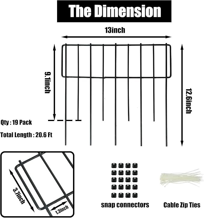 Confote Animal Barrier Fence, 19 Pack 20.6ft(L) x 12.6in(H) Decorative Garden Fence Rustproof Metal No Dig Fencing Border for Landscape Patio Yard Outdoor