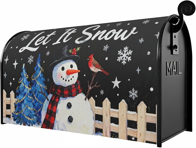 Christmas Snowman Large Mailbox Covers Magnetic Oversized Black Blue Xmas Tree Snowflake Cardinal Holiday Outdoor Decorative Letter Box Cases for Home Garden Outside Decor, 25.5x21 Inch