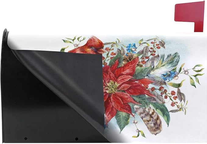 ALAZA Christmas Poinsettia Flower and Winter Bird Red Cardinal Magnetic Mailbox Cover Standard Size for Garden Yard Outdoor Decorations-18 x 20.8"