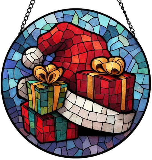 Stained Glass Window Hanging – 7.8 in Santa Hat Gifts Panel with Chain， Bathroom Front Door Living Room Garden Decor， Gift for Mom Wife Lovers