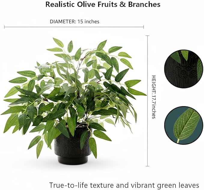 17.7" Tall Fake Plant Green Willow Leaves Artificial Indoor Faux Plant in Textured Black Ceramic Pot Realistic Decorative Plant for Home Office Bathroom Kitchen Bookshelf Small Space