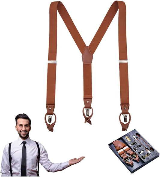 UPSONG Mens Suspenders，Brown Leather Button Tab and Clip Braces Heavy Duty Suspender Wedding Suspenders for Groom Groomsmen