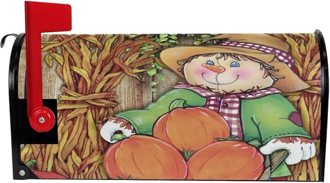 WOOR Harvest Fall Scarecrow Decorative Autumn Pumpkin Magnetic Mailbox Cover MailWraps Garden Yard Home Decor for Outside Oversized-25.5" x20.8"