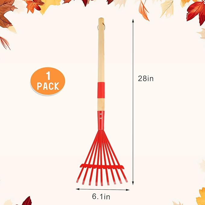 Kids Rakes with Hardwood Handle - Metal Kids Leaves Rakes, 28" Child Size Lawn Rakes with Vibrant Red Heads, Garden Tool Set for Kids Boys and Girls
