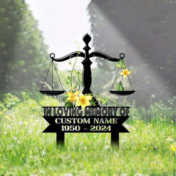 Custom Lawyer Memorial Stake – Metal Justice Scales Grave Marker, Lawyer Garden Stake Yard Decor (Lawyer Lily Flower Memorial)