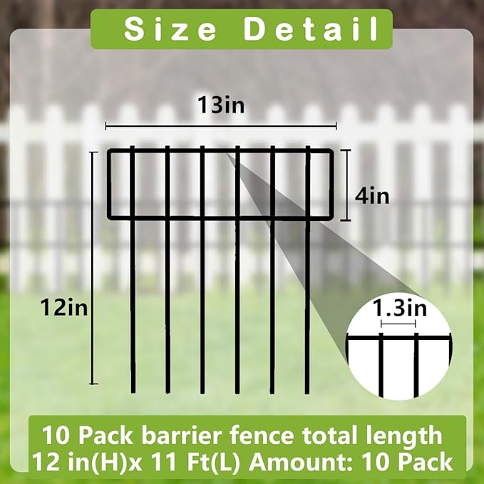 10 Pack Animal Barrier Fence, No Dig Fencing 10.8ft(L) × 12in(H) Rustproof Metal Small Garden Fence Border Metal Fence Panels Garden Fence Border for Dogs Rabbits, Outdoor Landscaped Yard
