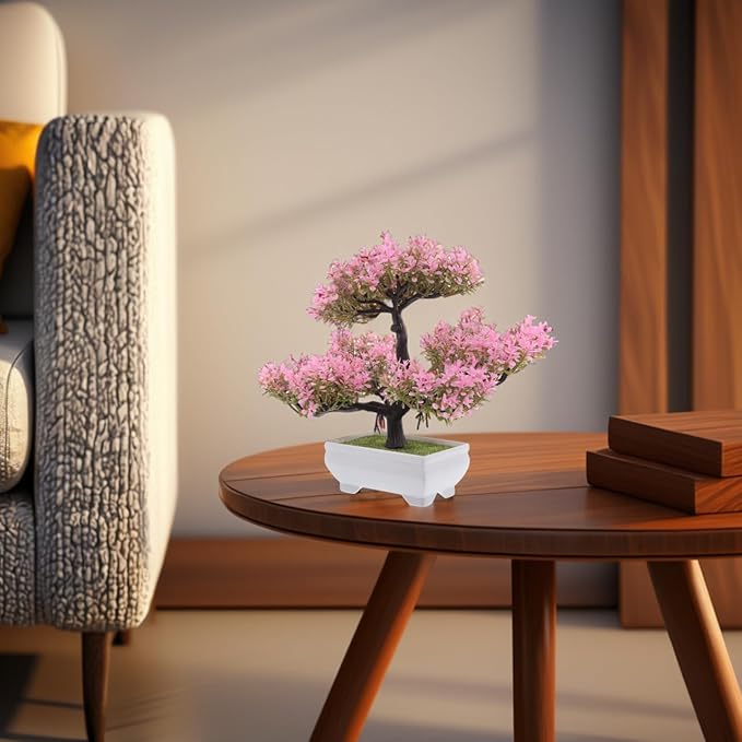 Pink Faux Bonsai Tree Simulated Small Plastic Desk Plant for Home Decor Mini Artificial Bonsai Plant for Living Room and Office Decoration