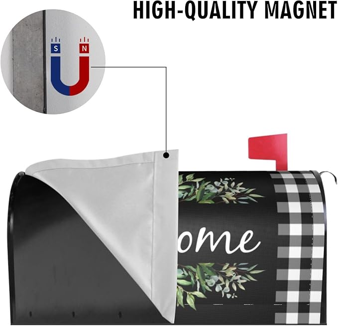 Wreath Buffalo Plaid Mailbox Covers, Welcome Magnetic Mailbox Cover, Plaid and Leaves Mail Box Covers for Garden Outdoor Decor 21 x 18 Inchs Black White
