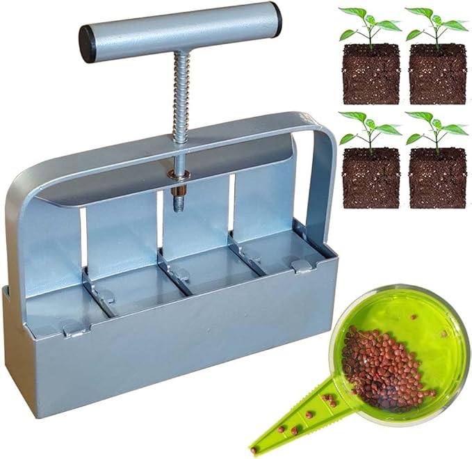 Handheld Soil Blocker Tool Kit - 4 Cell Heavy Duty 2 Inch Seed Starter Block Maker for Seedlings, Cuttings, Greenhouses and Gardens (Ergonomic Design, Durable Metal Construction)