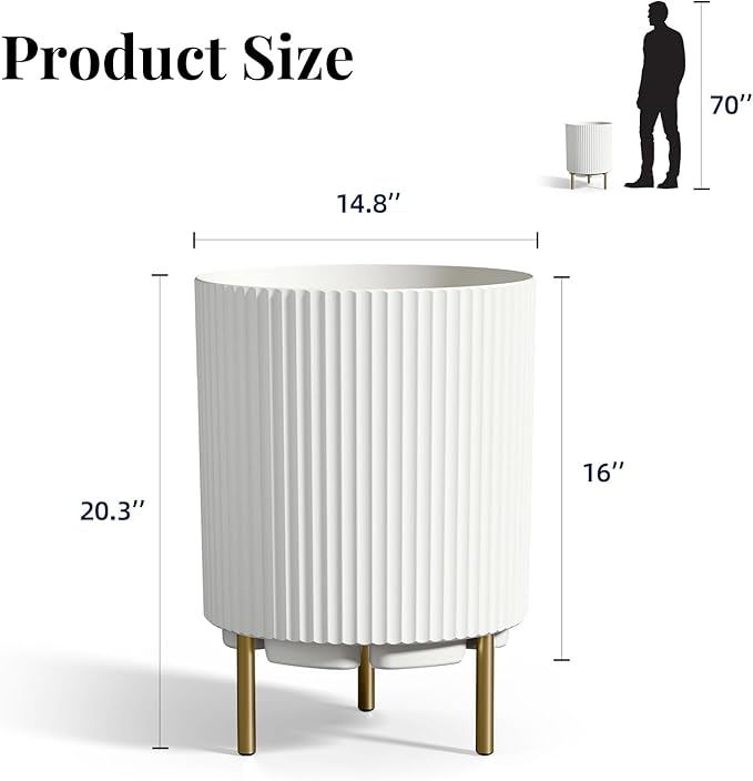 FONTOI 20.3'' Round Planter Stand, Plastic Striped Planter with 3 Holder, Indoor/Outdoor Flower Pot, White