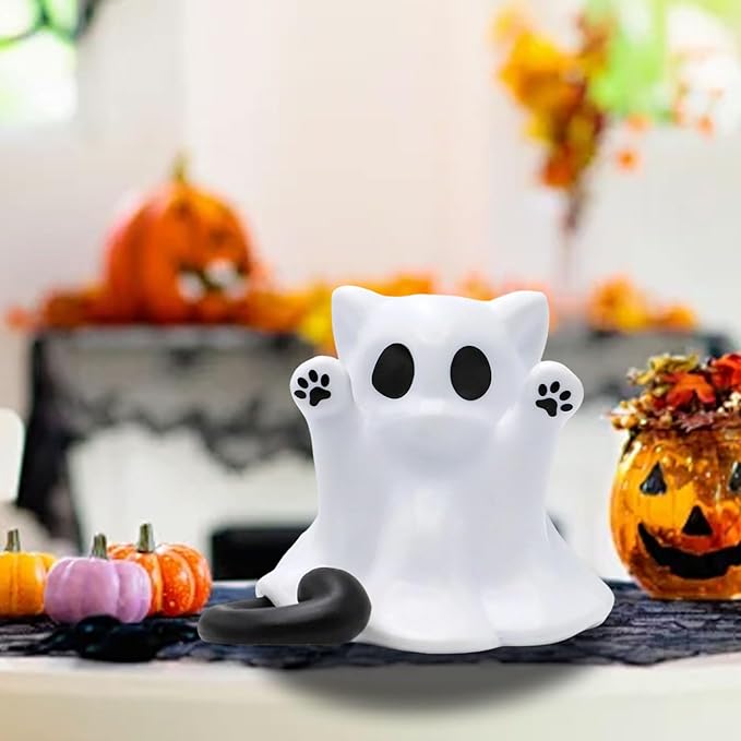 1 Pcs Halloween Ghost Figurine Cute Spooky Unique Cat Design Cartoon Mini Figurines Desk Ornament Decorations Indoor for Halloween Decor Home Table Bedroom Office Desktop Display Ornaments