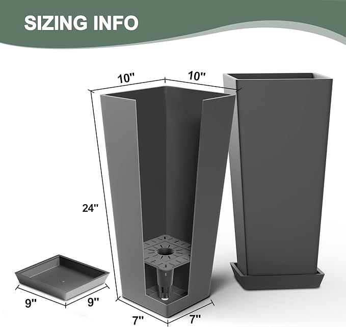Set of 2 Tall Planters with Drainage Tray, 24 Inch Large Flower Pots for Indoor Outdoor Plants Mordern Planter Weather-Resistant for Patio, Front Door Decor, Garden (Gray)