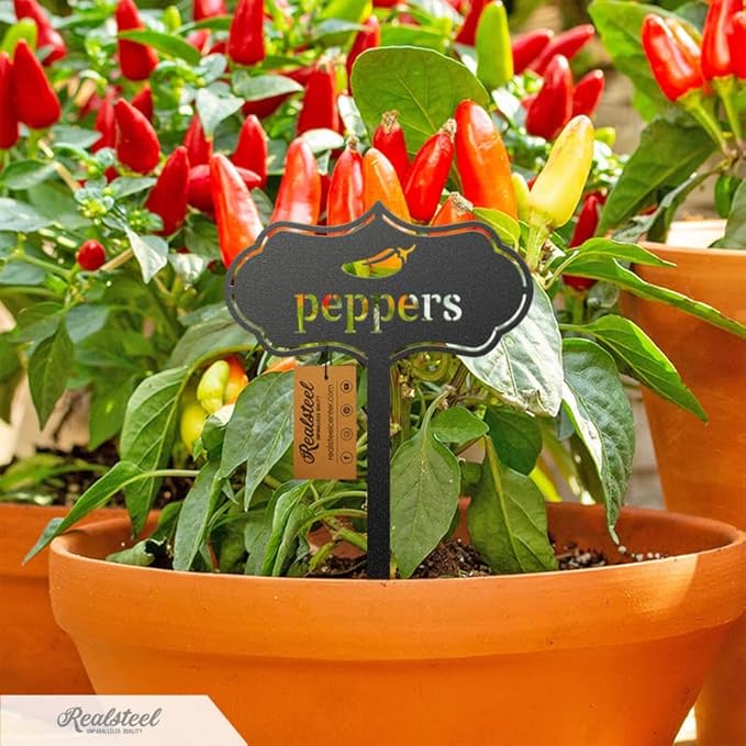 RealSteel - Seed & Plant Markers - Indoor/Outdoor Herb Garden Stakes - Elegant Fruit/Vegetable Seed Labels - Durable Plant Tags for Pots - Classy Design for Farmhouse/Greenhouse (Peppers)