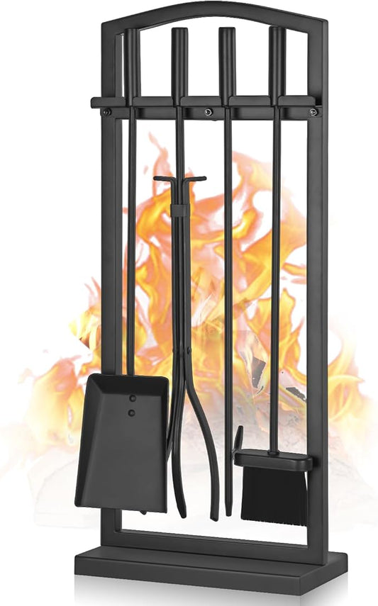 Gtongoko 5 Pieces Fireplace Tools Set with Stand, Outdoor Fire Tools for Fireplace with Poker, Shovel, Brush, Tong and Base, Fireplace Accessories Fire Place Set Tools, Black